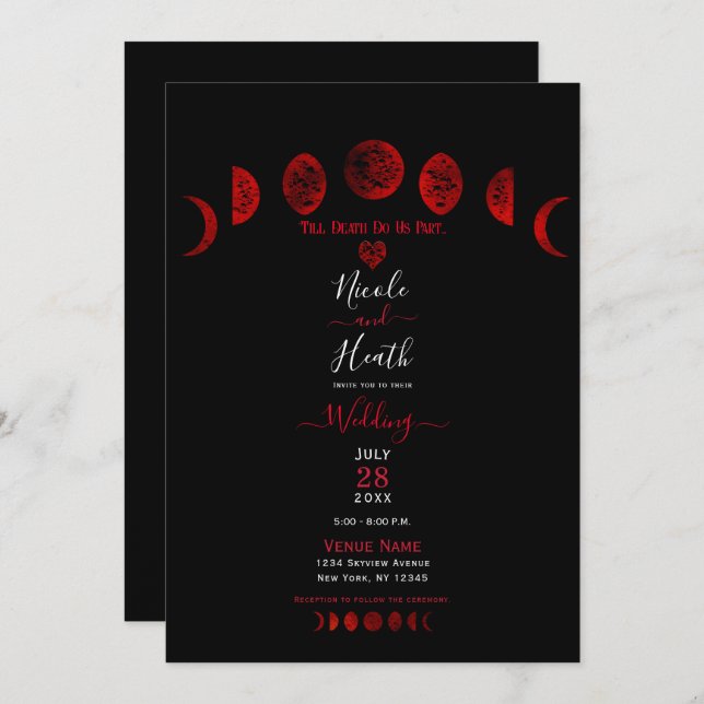 Invitación Fases oscuras de rojo y negro de la luna Boda góti (Anverso / Reverso)