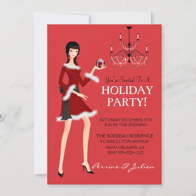 Invitación Fashion Chica Purpurina Navidades fiesta de feriad (Anverso)