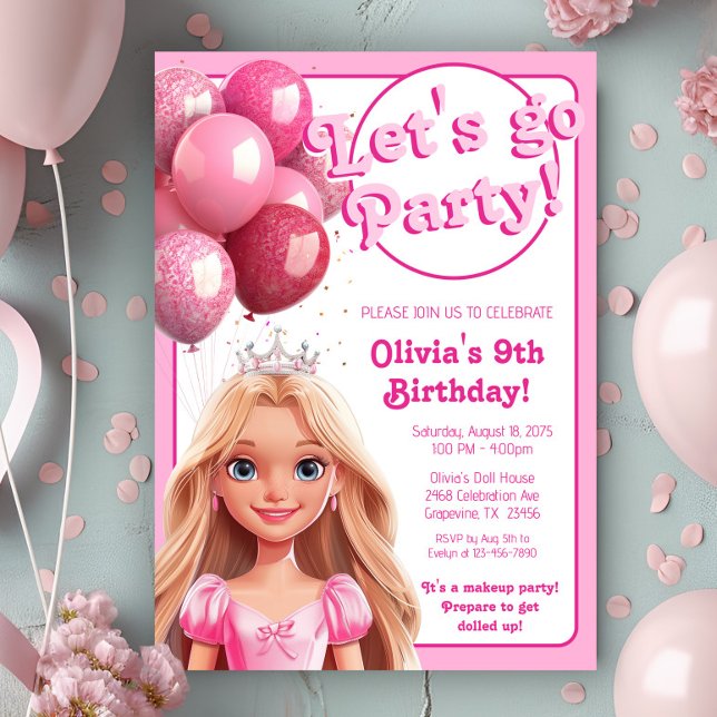 Invitación Fashion Doll Princess Birthday Party (Cute pink princess doll any number birthday party invitation. )
