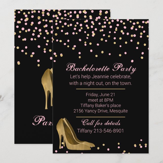 Invitación Fashion Gold Stiletto Bachelorette Party (Anverso / Reverso)