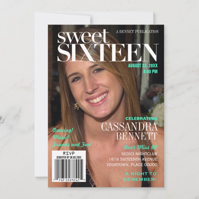 Invitación Fashion Magazine Turquoise Sweet Dieciséis Fiestas (Anverso)