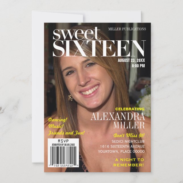 Invitación Fashion Magazine Yellow Sweet Dieciséis Fiestas (Anverso)