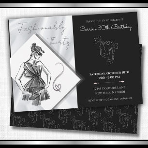 Invitación Fashionably Thirty Cumpleaños 30 Negro Plateado