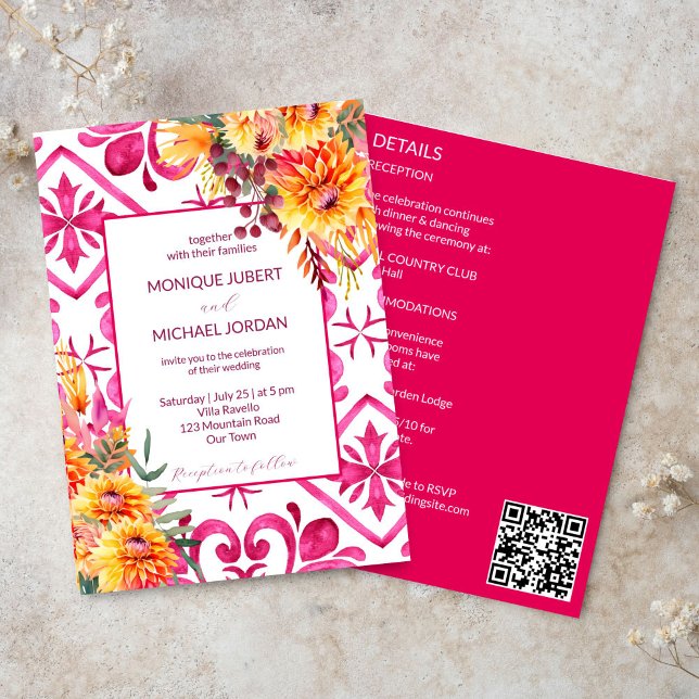 Invitación Fasia Majolica baldosas naranja dahlia todo en uno (Fuchsia Majolica tiles orange dahlia all in one wedding template Invitation digital download simple)