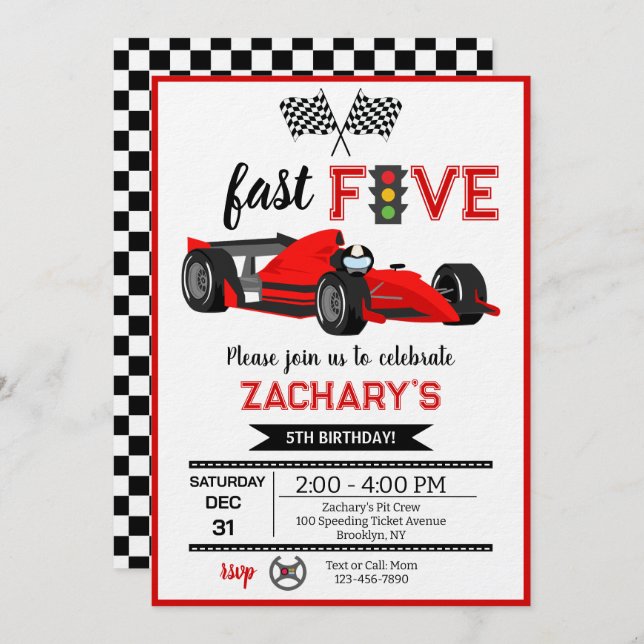 Invitación Fast & Five Red Flame Race Car 5th Birthday Party (Anverso / Reverso)