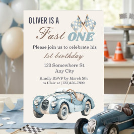 Invitación Fast One 1st Birthday Blue Race Car Boy