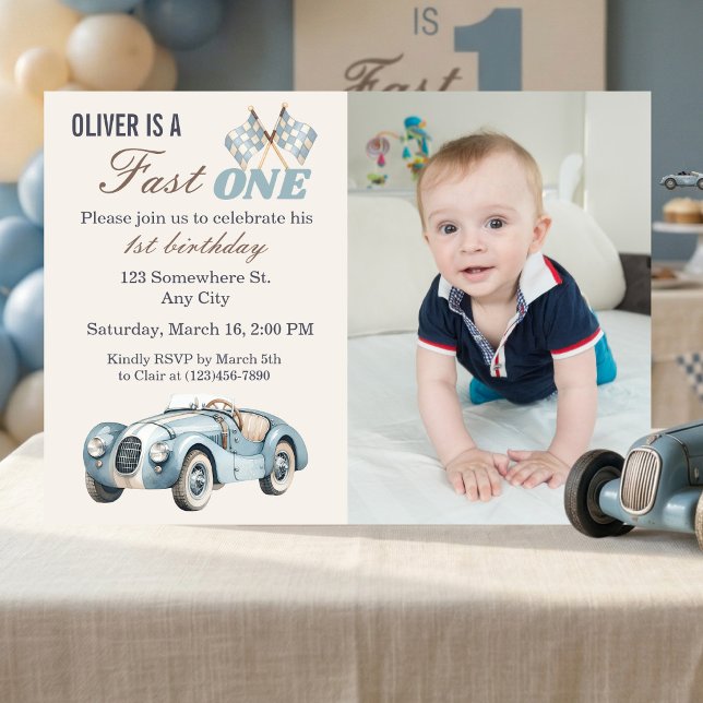 Invitación Fast One 1st Birthday Blue Race Car Boy Photo  (Fast One 1st Birthday Photo Invitation )