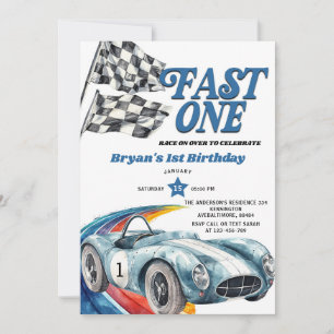 Invitación Fast One Antiguo Coche de Carreras Azul Niño Cumpl