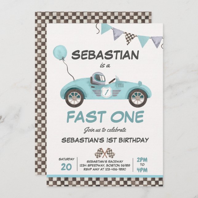 Invitación Fast One Birday Party Blue Race Car 1er cumpleaños (Anverso / Reverso)