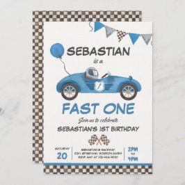 Invitación Fast One Birday Party Blue Race Car 1er cumpleaños