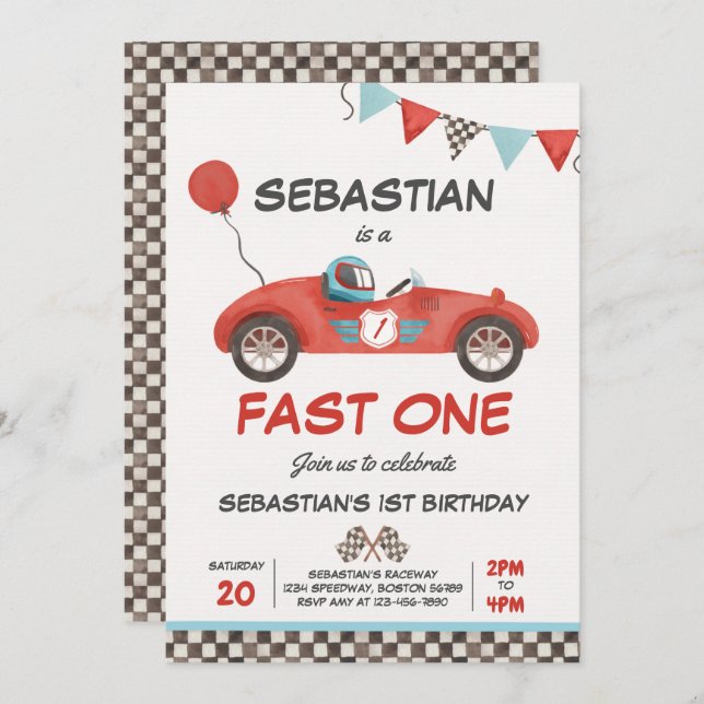 Invitación Fast One Birday Party Red Race Car 1er cumpleaños (Anverso / Reverso)