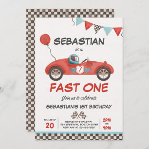 Invitación Fast One Birday Party Red Race Car 1er cumpleaños