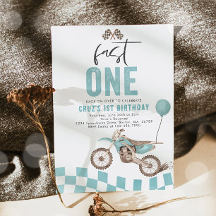 Invitación Fast One Blue Dirt Bike Boy Primer Fiesta de cumpl