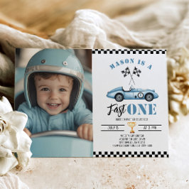 Invitación Fast One Blue Photo Race car Boy 1er cumpleaños