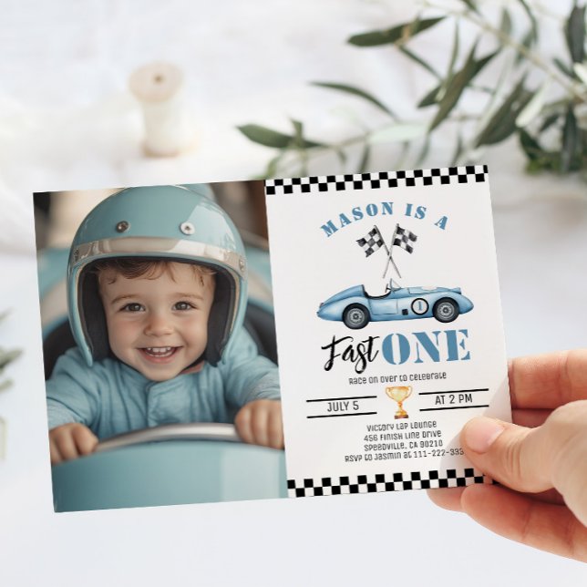 Invitación Fast One Blue Photo Race car Boy 1er cumpleaños (Subido por el creador)