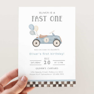 Invitación Fast One Blue Race Car & Balloons 1º cumpleaños