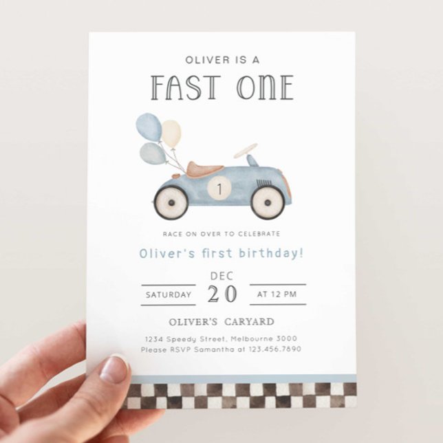Invitación Fast One Blue Race Car & Balloons 1º cumpleaños (Subido por el creador)