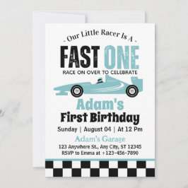 Invitación Fast One Blue Race Car Boy Primer Fiesta de cumple