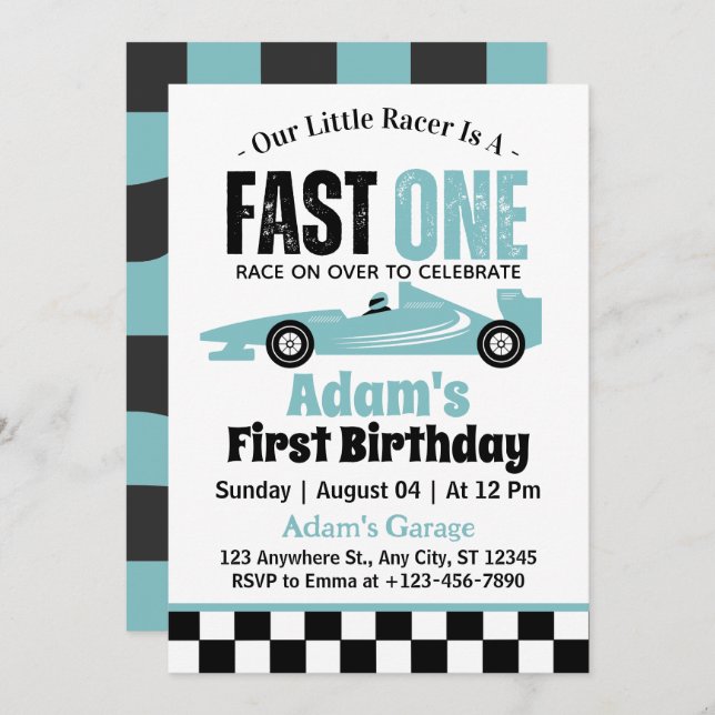 Invitación Fast One Blue Race Car Boy Primer Fiesta de cumple (Anverso / Reverso)