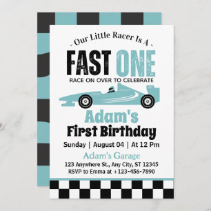 Invitación Fast One Blue Race Car Boy Primer Fiesta de cumple