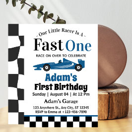 Invitación Fast One Blue Race Car Boy Primer Fiesta de cumple