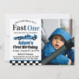 Invitación Fast One Blue Race Car Boy Primer Fiesta de cumple