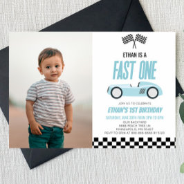 Invitación Fast One Blue Race Car Primer Fiesta de cumpleaños
