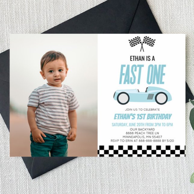 Invitación Fast One Blue Race Car Primer Fiesta de cumpleaños (Subido por el creador)