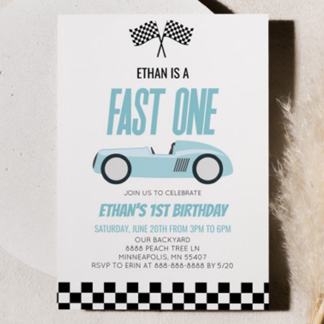 Invitación Fast One Blue Racecar Race Car Primer Fiesta de cu (Subido por el creador)
