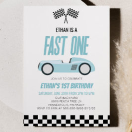 Invitación Fast One Blue Racecar Race Car Primer Fiesta de cu