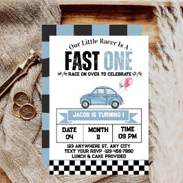 Invitación Fast One Blue Vintage Race Car Boy primer cumpleañ