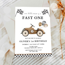 Invitación Fast One Brown Race Car Boys 1º cumpleaños