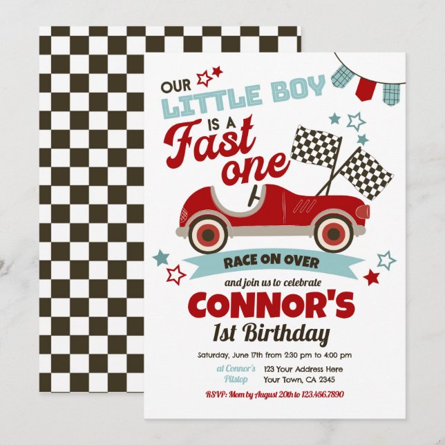 Invitación Fast One, Carreras 1er cumpleaños (Anverso / Reverso)