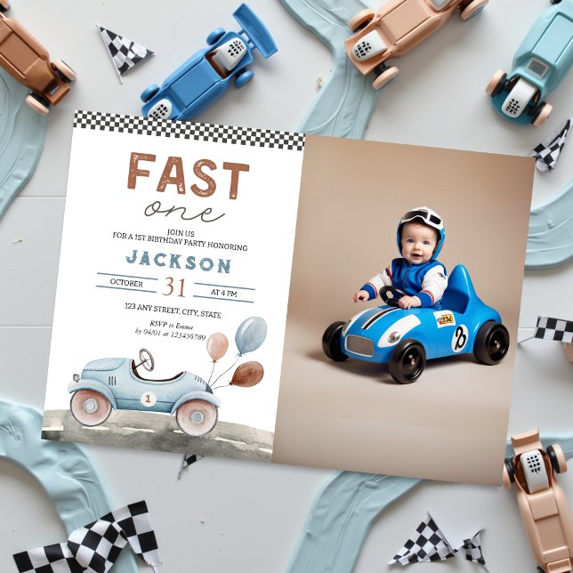 Invitación Fast One Carreras Car Blue Boy 1ª foto Cumpleaños (Fast One Photo 1st birthday Invitation, Racing, Race Car, Our little champion speedster)