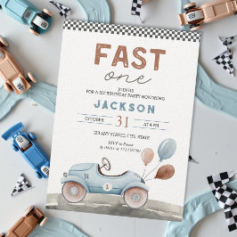Invitación Fast One Carreras Car Blue Boy primer cumpleaños
