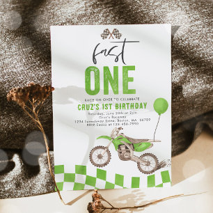 Invitación Fast One Green Dirt Bike Boy Primer Fiesta de cump