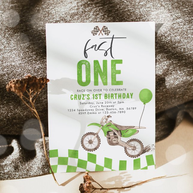 Invitación Fast One Green Dirt Bike Boy Primer Fiesta de cump (Subido por el creador)