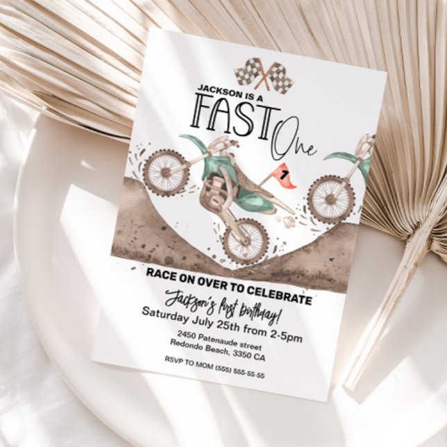 Invitación Fast ONE Green Dirt Bike primer cumpleaños (Fast One green dirt bike birthday invitation, 1st birthday invitation)
