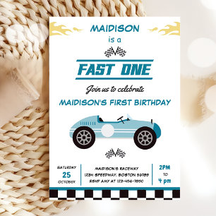 Invitación Fast One Race Car Boy Primer Fiesta de cumpleaños