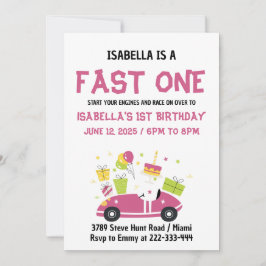 Invitación FAST ONE Race Car Chica Primer Fiesta de Cumpleaño