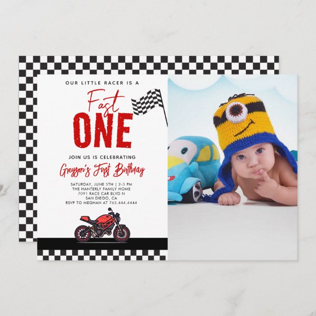 Invitación Fast One Race Motorcycle Photo 1st Birthday Party (Anverso / Reverso)