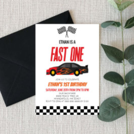 Invitación Fast One Red Flame Race Car Primer Fiesta de cumpl