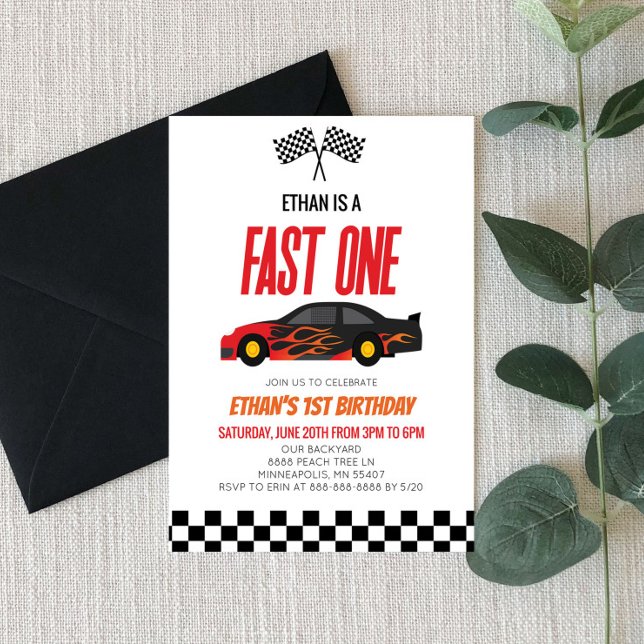Invitación Fast One Red Flame Race Car Primer Fiesta de cumpl (Subido por el creador)