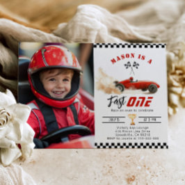 Invitación Fast One Red Photo Race car Boy 1er cumpleaños