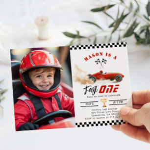Invitación Fast One Red Photo Race car Boy 1er cumpleaños