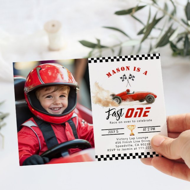 Invitación Fast One Red Photo Race car Boy 1er cumpleaños (Subido por el creador)