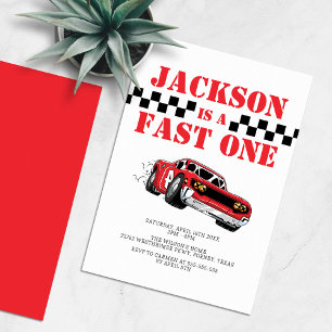 Invitación Fast One Red Race Car Boy 1er cumpleaños