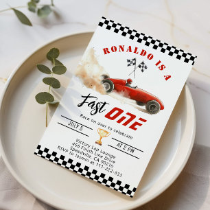 Invitación Fast One Red Race Car Boy 1er cumpleaños