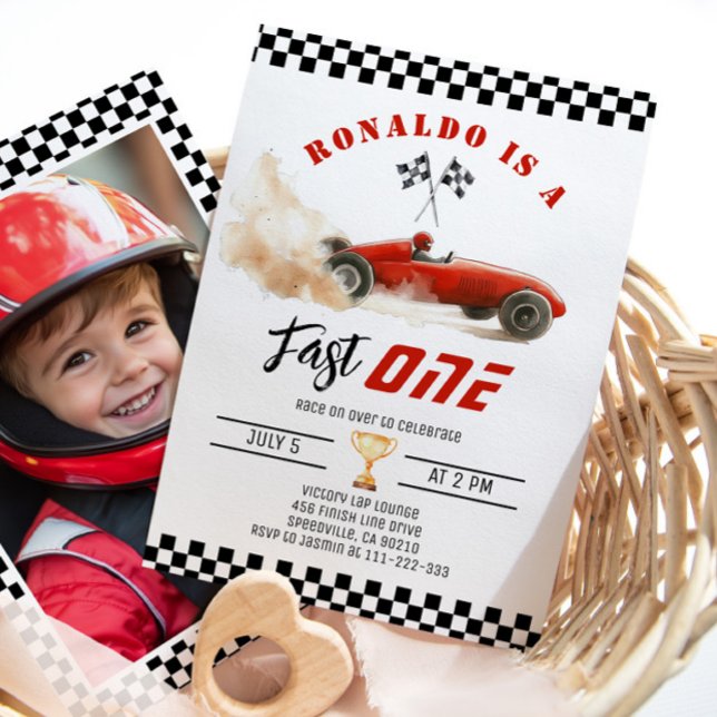 Invitación Fast One Red Race Car Boy 1er cumpleaños Foto (Subido por el creador)