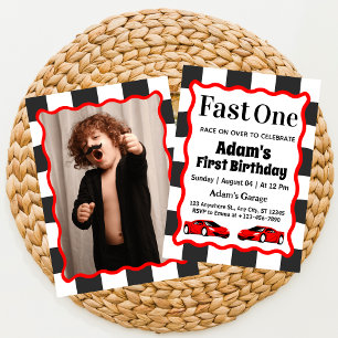 Invitación Fast One Red Race Car Boy Fiesta de primer cumplea